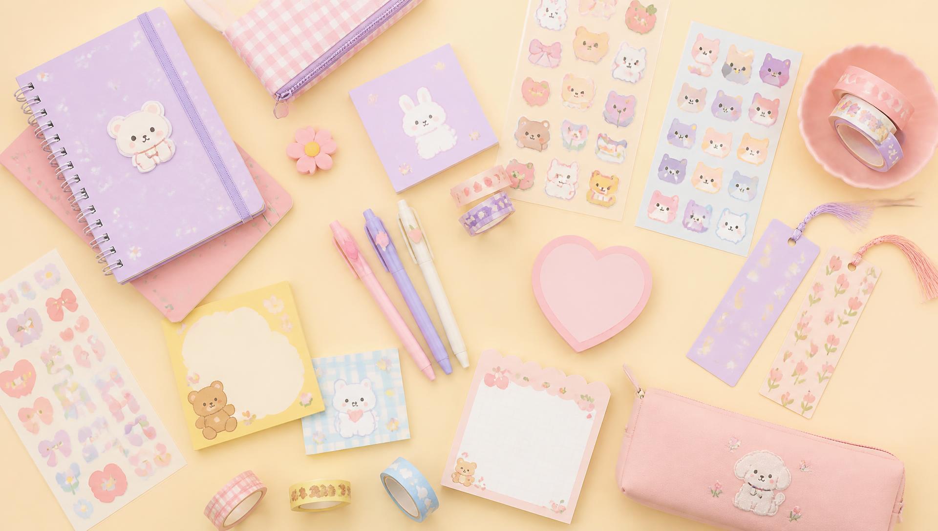 Pastel notebooks, sticker sheets and washi tape arranged on a cream desk